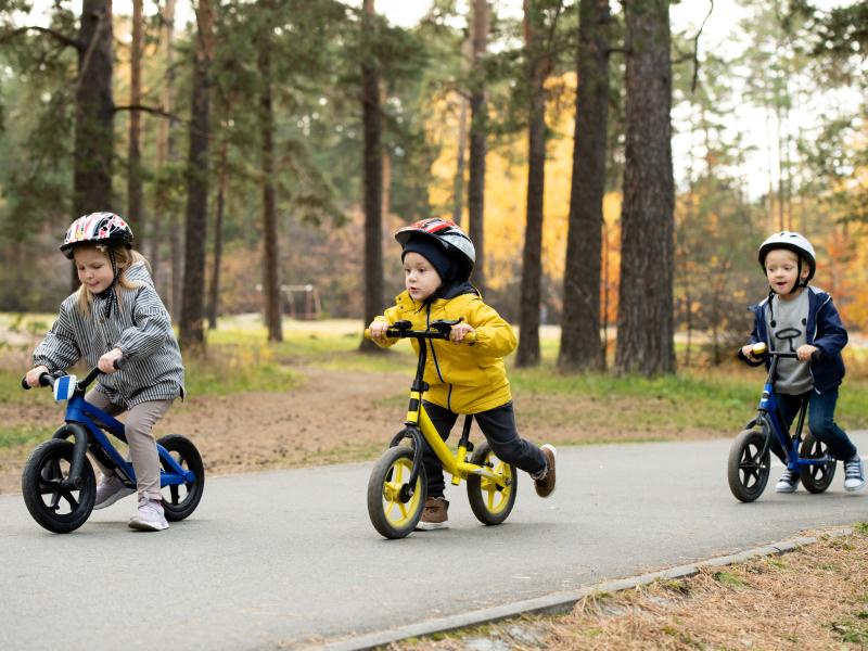 3 children on balance bikes in the woods