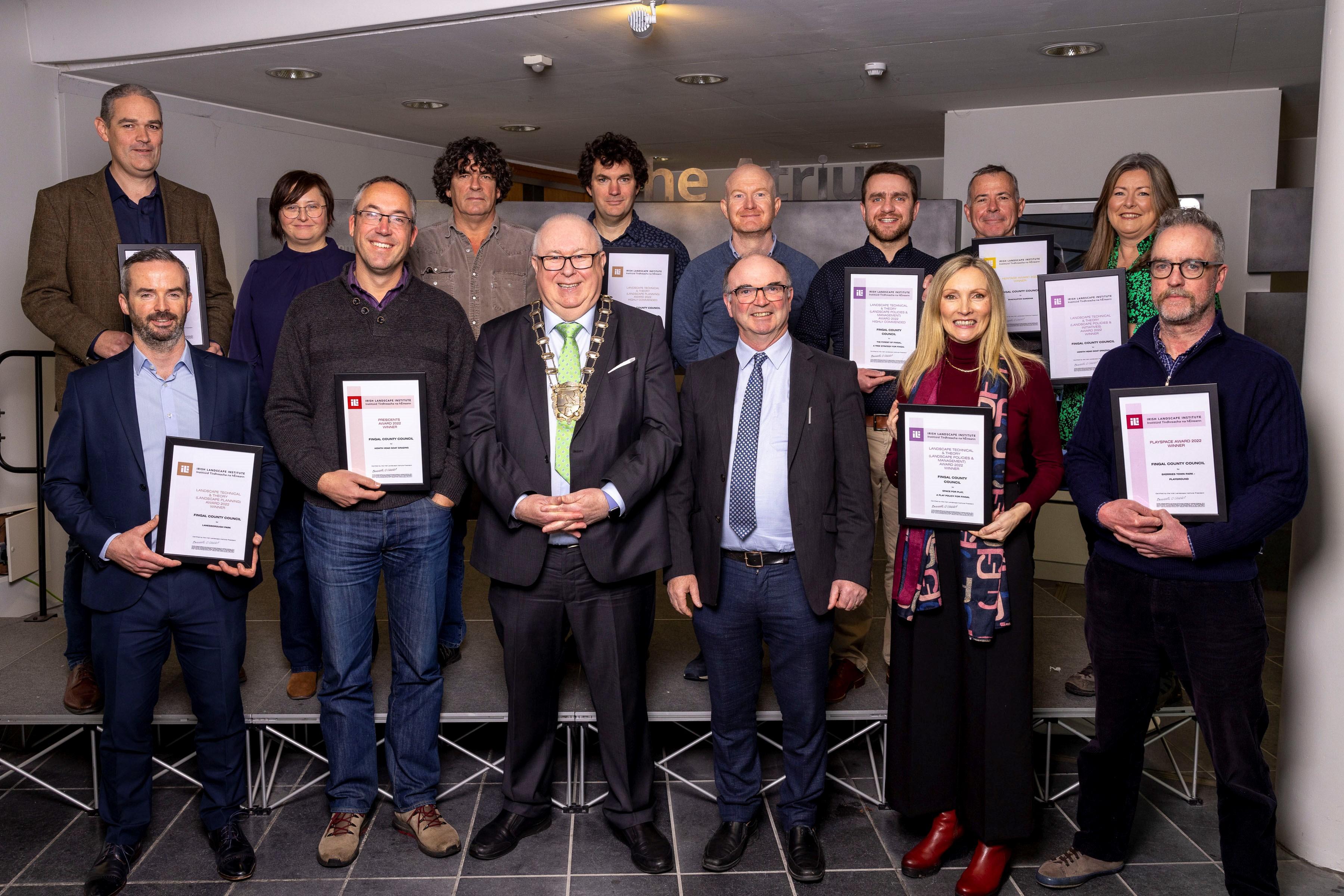 Mayor of Fingal Cllr Howard Mahony, alongside Kevin Halpenny, Senior Parks Superintendent, and Fingal County Council's  Nine Award Winning Teams at the Irish Landscape Institute Awards.