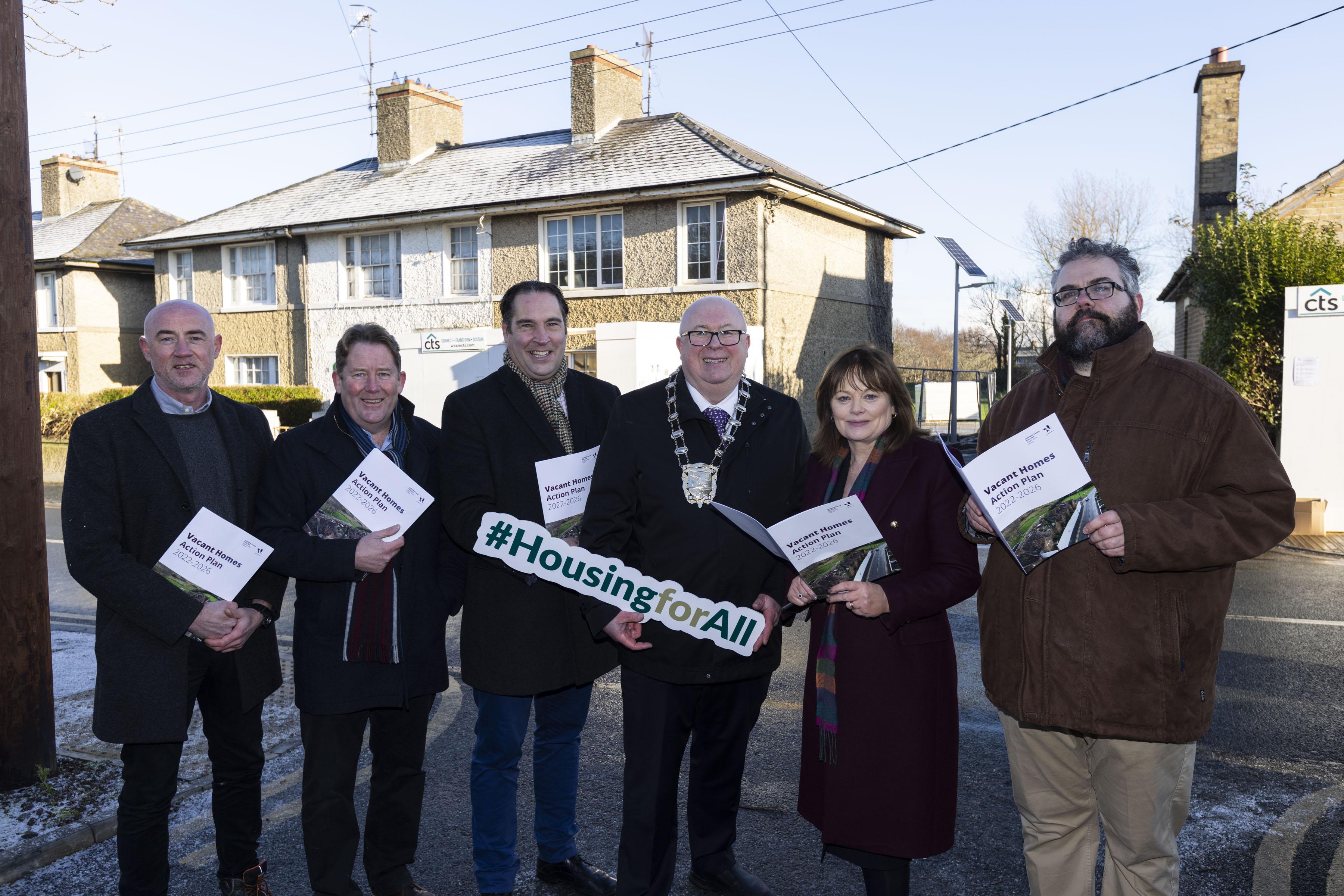 Minister Darragh O'Brien TD with the Mayor of Fingal, councillors and officials at the launch of the Vacant Homes Action Plan 2022-2026