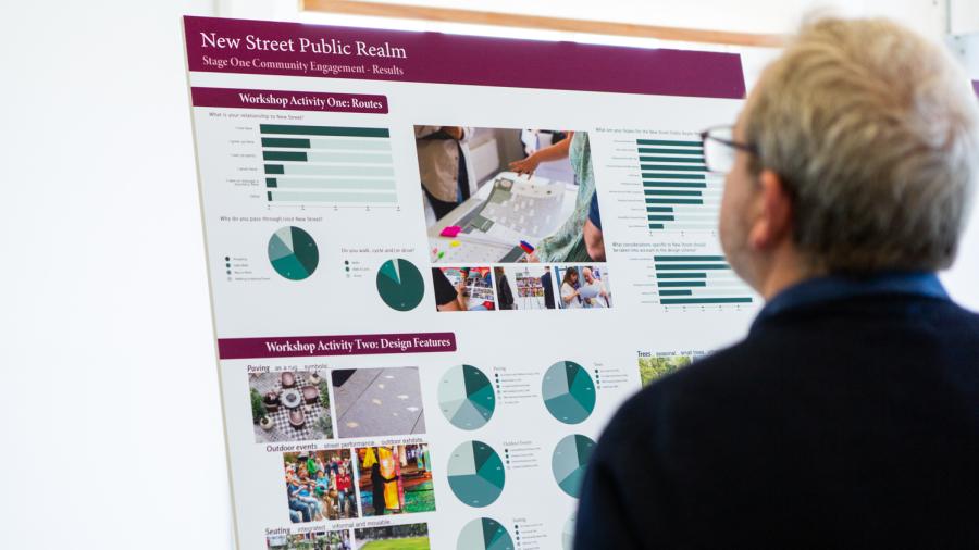 Man looks at graphics on board