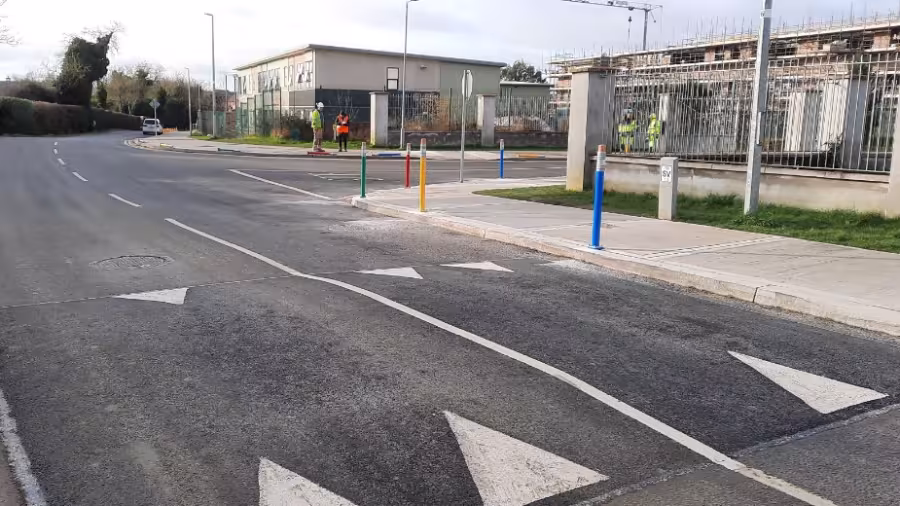Bollards and speed bump outside school