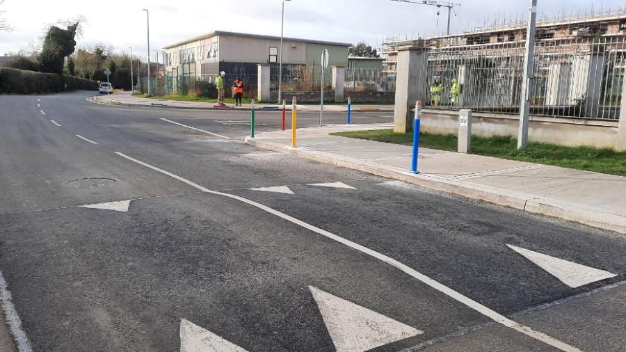 Bollards and speed bump outside school