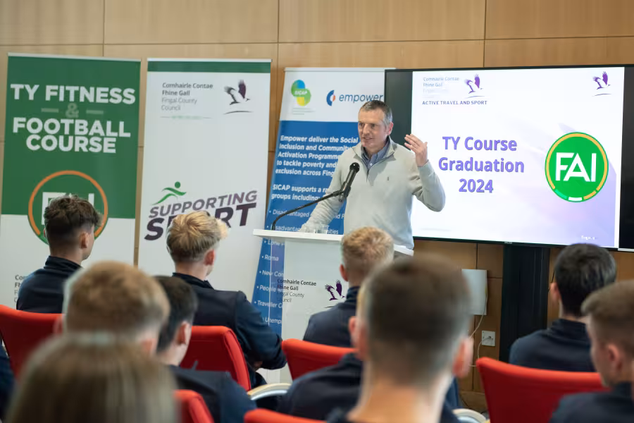 Jim Crawford speaking to graduates of the FAI/FCC TY Football class 2023-24