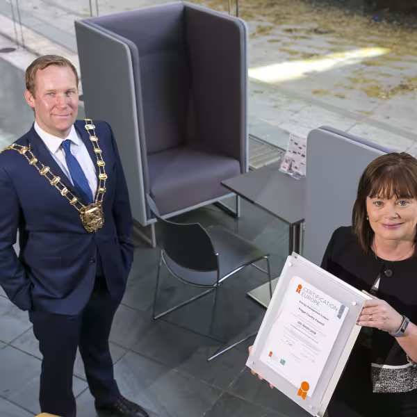 The Mayor of Fingal, Cllr Eoghan O’Brien, and the Chief Executive of Fingal County Council, AnnMarie Farrelly, pictured with the ISO50001 Certificate which the Council has received from Certification Europe for its Energy Management System.