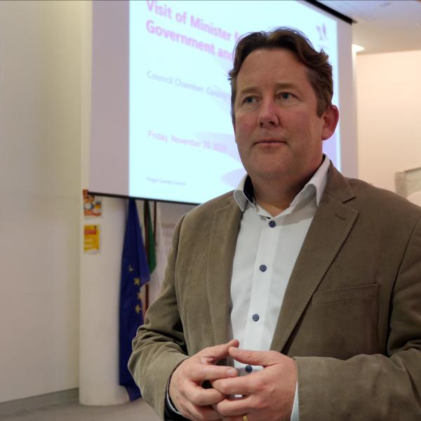 Minister Darragh O'Brien in the Council Chamber of Fingal County Hall, Swords