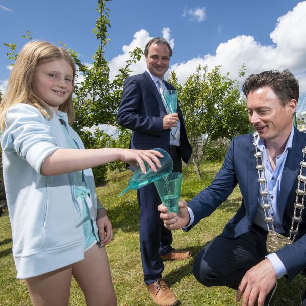 Deputy Mayor of Fingal, Cllr Robert O'Donoghue, with a pupil from Rush and Lusk National School at the launch of the Schools Rain Gauge initiative