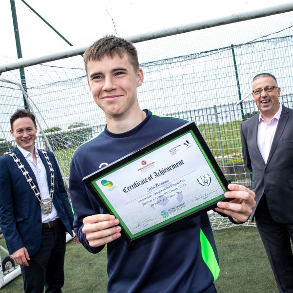 Photo 3: Sean Bannon from Donabate who graduated from the Football and Fitness Course run by Fingal County Council and the Football Association of Ireland in Corduff Sports Centre pictured with the Deputy Mayor of Fingal, Cllr Robert O’Donoghue, and Felix Gallagher, Social Inclusion manager, Empower.