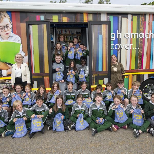 Summer Stars Launch 2022 children with Mobile Library