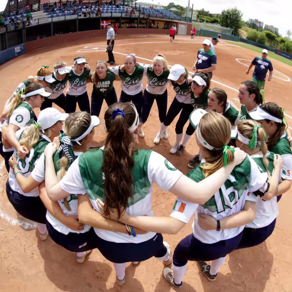 Photo of Irish Women's Softball in a huddle