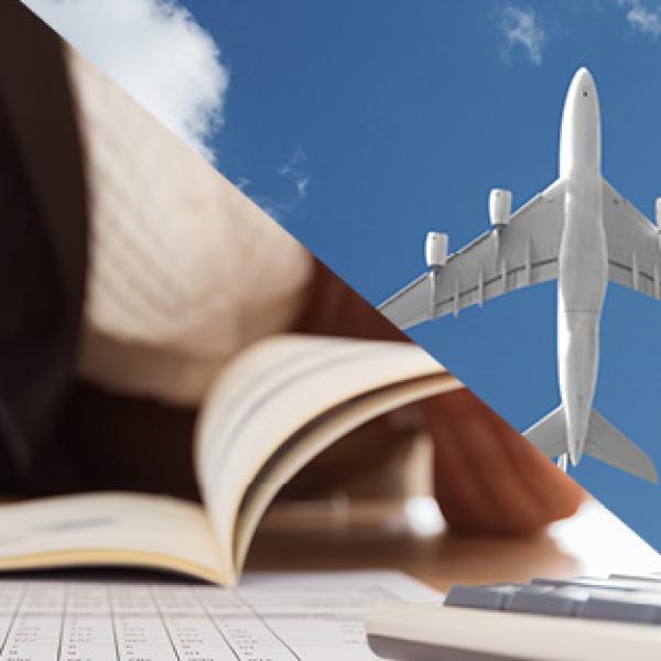 Woman reviewing documents. Plane.