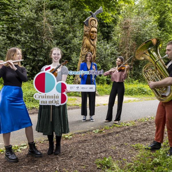 Violinists Megan Churcher and Natalia Jaworek with Clarinettist Margot Maurel, Tubist Adam Buttimer and Flautist Ciara Corrigan-Margetts.