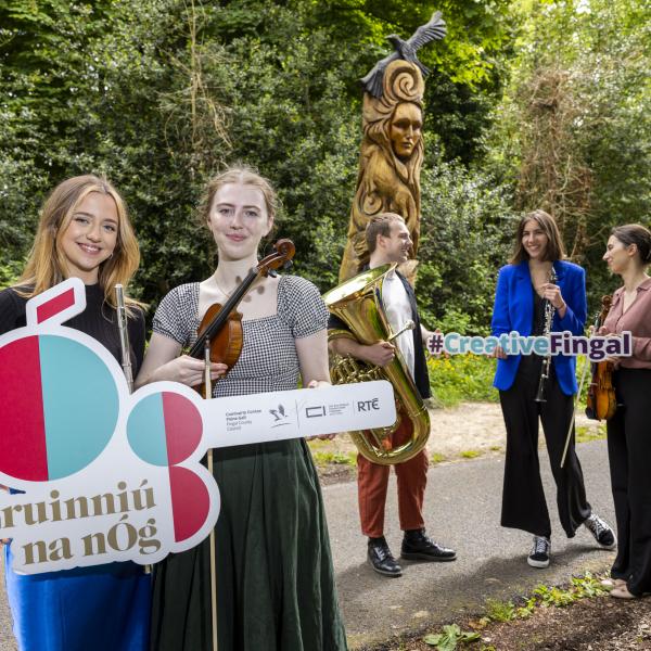 Violinists Megan Churcher and Natalia Jaworek with Clarinettist Margot Maurel, Tubist Adam Buttimer and Flautist Ciara Corrigan-Margetts.