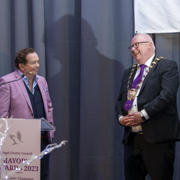 : Mayor of Fingal Cllr Howard Mahony, with Marty Morrissey at the Fingal County Council Mayors Awards 2023, for Community Champions, at the Crowne Plaza Hotel in Blanchardstown, Dublin 15