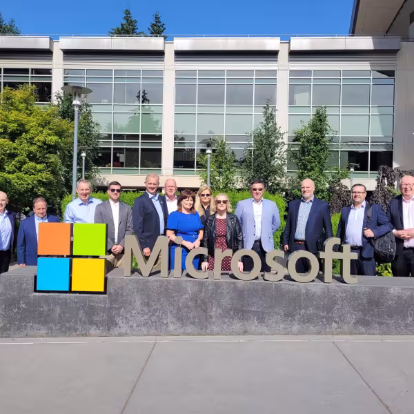Members of the Fingal Leadership Delegation pictured outside the corporate headquarters of Microsoft in Redmond Campus, Washington State. 