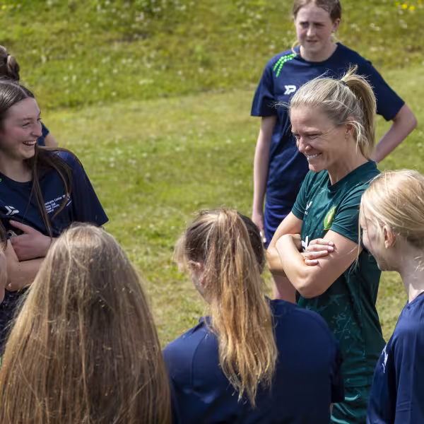 Ireland Women's National Football Team member Diane Caldwell, from Balbriggan in Fingal, meets with girl's from the country's first ever TY Football course. The ground-breaking initiative is run by Fingal County Council and the FAI.