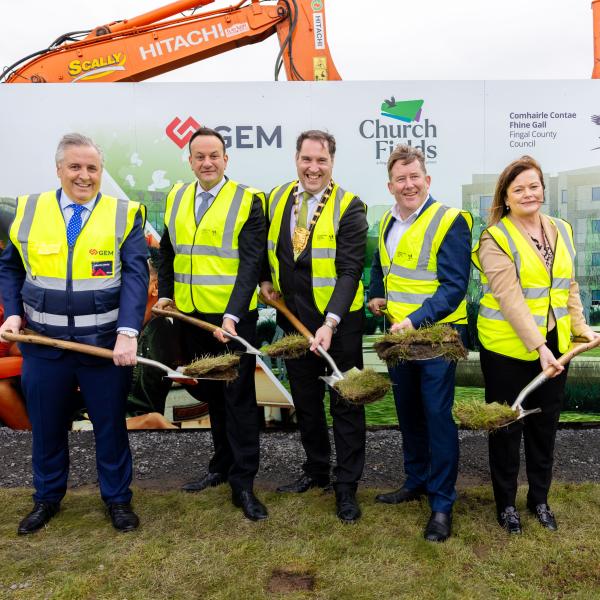 Mayor of Fingal, Taoiseach, Minister for Housing cut the first sod on the Affordable Housing development at Church Fields along with the Chief Executive of Fingal County Council and the Managing Director of GEM Construction.
