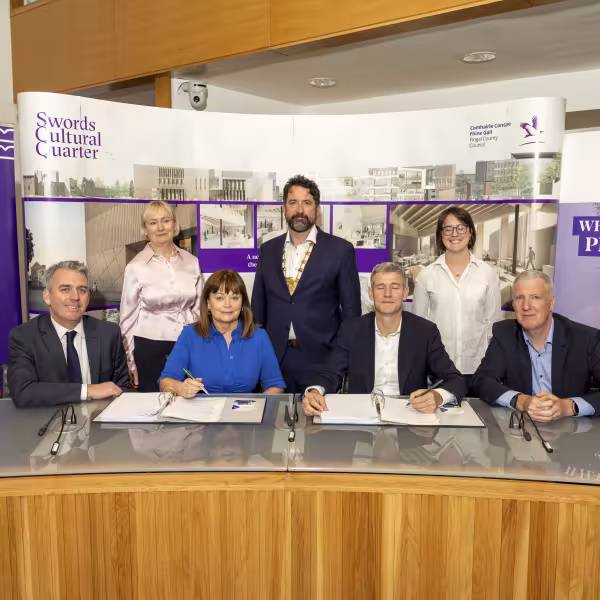 Pictured at the signing of the contracts for the new Swords Cultural Centre were - Front row (from left): John Quinlivan, Director of Economic, Enterprise, Tourism and Cultural Development; AnnMarie Farrelly, Chief Executive, Fingal County Council; Seamus Duggan and David Duggan, Joint Managing Directors, Duggan Brothers (Contractors) Ltd. Back Row (from left): Betty Boardman, County Librarian; Mayor of Fingal, Cllr Brian McDonagh; and Sile Stewart, Deputy County Arts Officer.