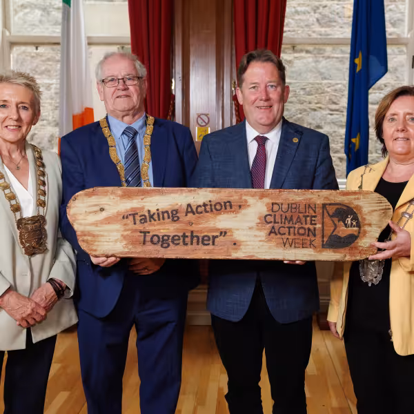 Minister Darragh O'Brien has helped launch Dublin climate action week 2026. Cllr Pamela Kearns - Mayor of South Dublin County Council, Cllr Jim Gildea, Cathaoirleach of Dún Laoghaire-Rathdown County Council, Minister for Climate, Energy and the Environment, Darragh O’Brien T.D. and Cllr Grainne Maguire, Deputy Mayor of Fingal County Council 