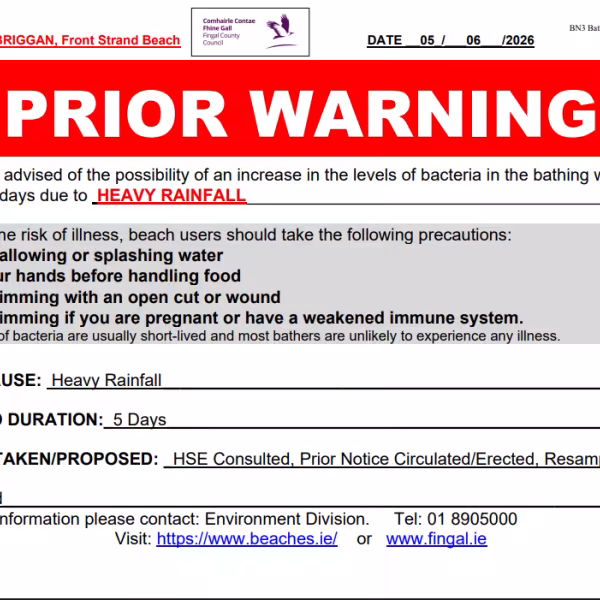 Blalbriggan Beach prior warning june 2026