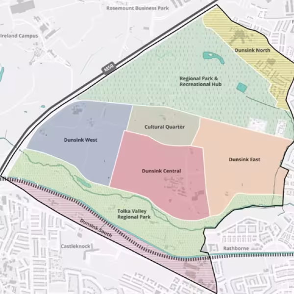 The proposed “Dunsink City Quarter” is centred around eight development areas including three residential neighbourhoods: Dunsink East, Dunsink Central, and Dunsink West. A Cultural Quarter as well as a new Regional Park and Recreational Hub are also included.