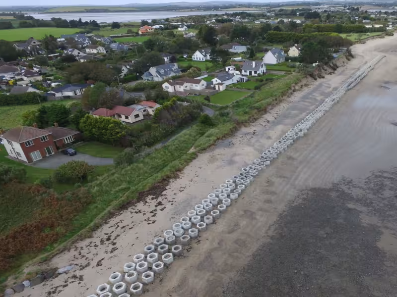 Aerial image of Portrane Beach showing coastal erosion defences