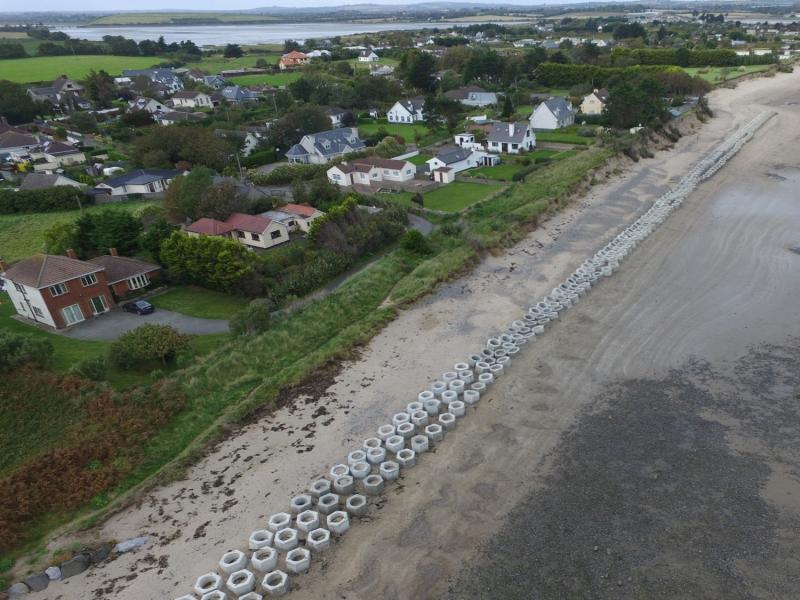 Aerial image of Portrane Beach showing coastal erosion defences