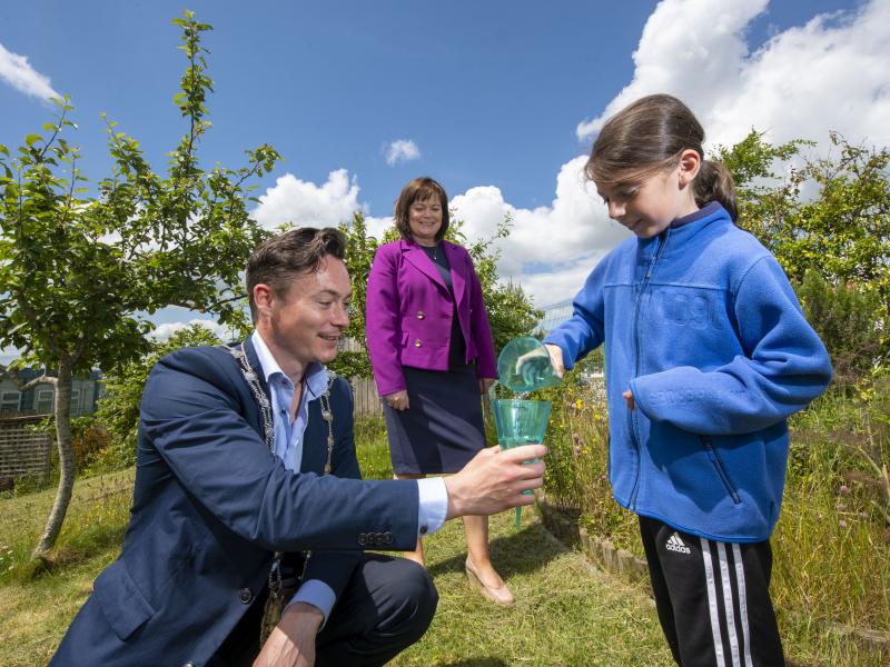 Deputy Mayor of Fingal, Cllr Robert O'Donoghue, with a pupil from Rush and Lusk National School at the launch of the Schools Rain Gauge initiative