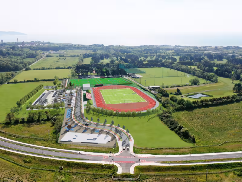 aerial view looking east of ballymastone recreational hub