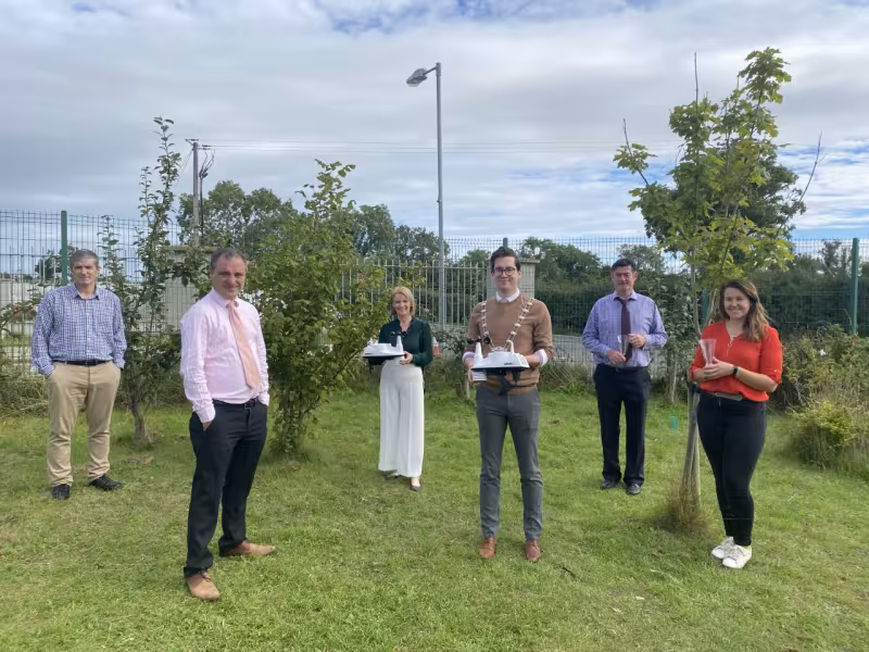 All those who attended the launch - from left to right: David Storey, director of Services for Environment, Climate Action and Active Travel,  Kevin Vallely, Fingal County Council Executive Engineer, Joanna Donnelly from Met Eireann, Deputy Mayor Cllr Daniel Whooley, Oliver Nicholson from the Office of Public Works and Deirdre Hurley, 3rd class teacher in Rush and Lusk Educate Together