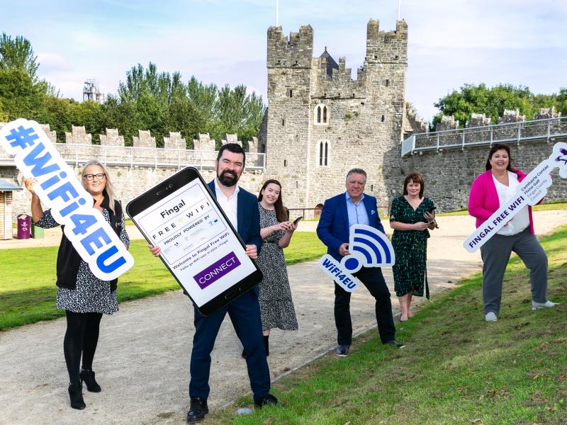 Pictured are Clodagh Kelly, Magnet Networks, Minister of State, Joe O'Brien, TD, Aisling Hyland, Fingal Digital Strategy Unit, Cllr Tony Murphy, AnnMarie Farrelly, CE Fingal launching the Wi-Fi in swords castle