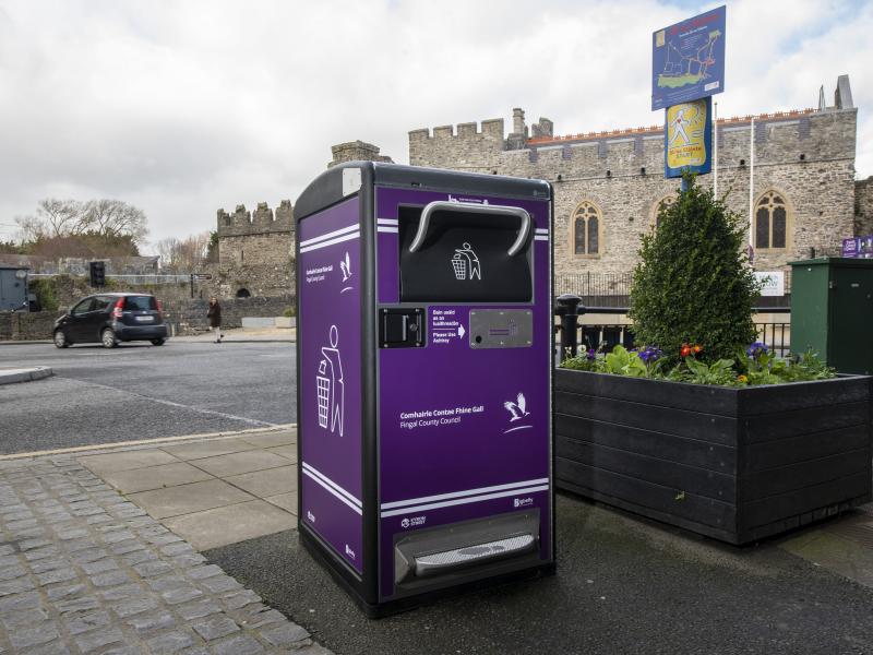 Picture of a Fingal County Council branded solar bin outside Swords Castle