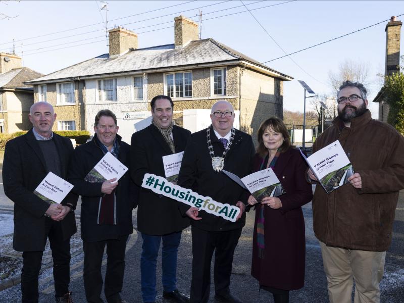 Minister Darragh O'Brien TD with the Mayor of Fingal, councillors and officials at the launch of the Vacant Homes Action Plan 2022-2026