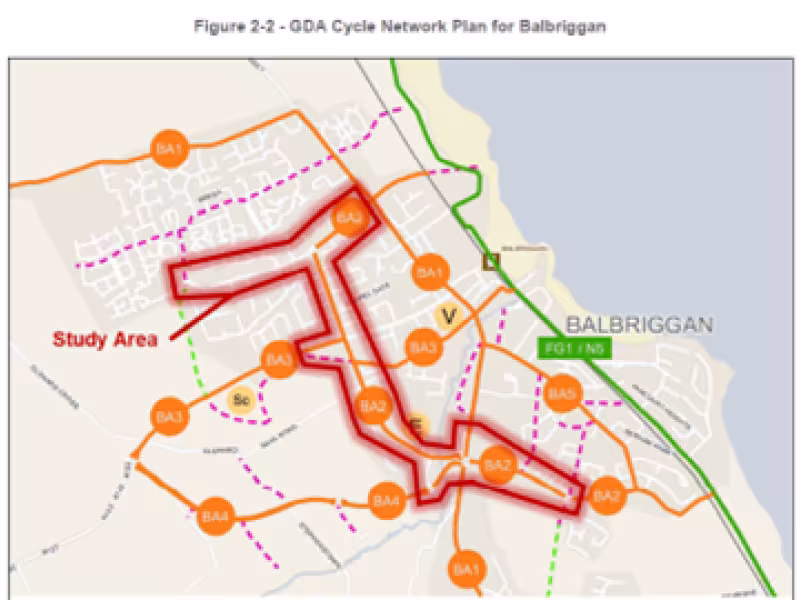 map of route with descriptions relating to greater dublin area cycle network
