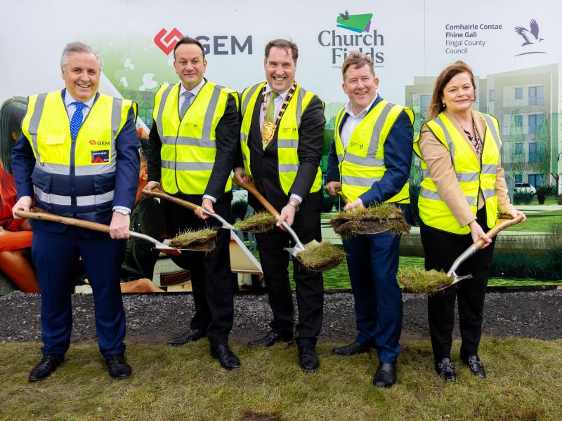 Mayor of Fingal, Taoiseach, Minister for Housing cut the first sod on the Affordable Housing development at Church Fields along with the Chief Executive of Fingal County Council and the Managing Director of GEM Construction.