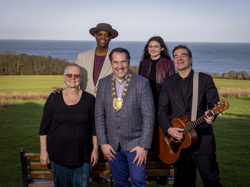 1.	Pictured at Ardgillan Castle and Demesne, Balbriggan, during the filming of TradFest, the Fingal Sessions were: Back Row (from left): Eric Bibby and Muireann Bradley. Front Row (from left): Ulrika Bibby, Mayor of Fingal, Cllr Adrian Henchy, and Fiachna Ó Braonáin. 
