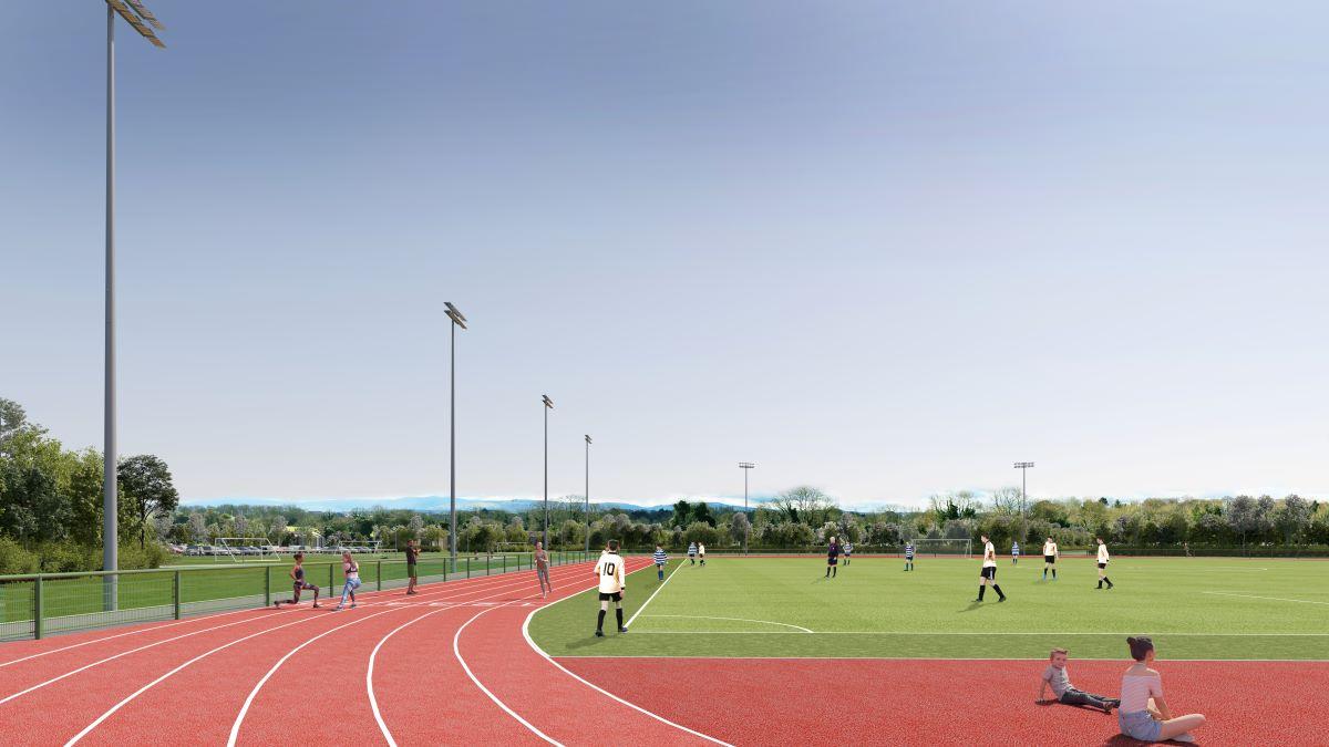 CGI of new all-weather athletics track and FIFA standard soccer pitch in Castleknock