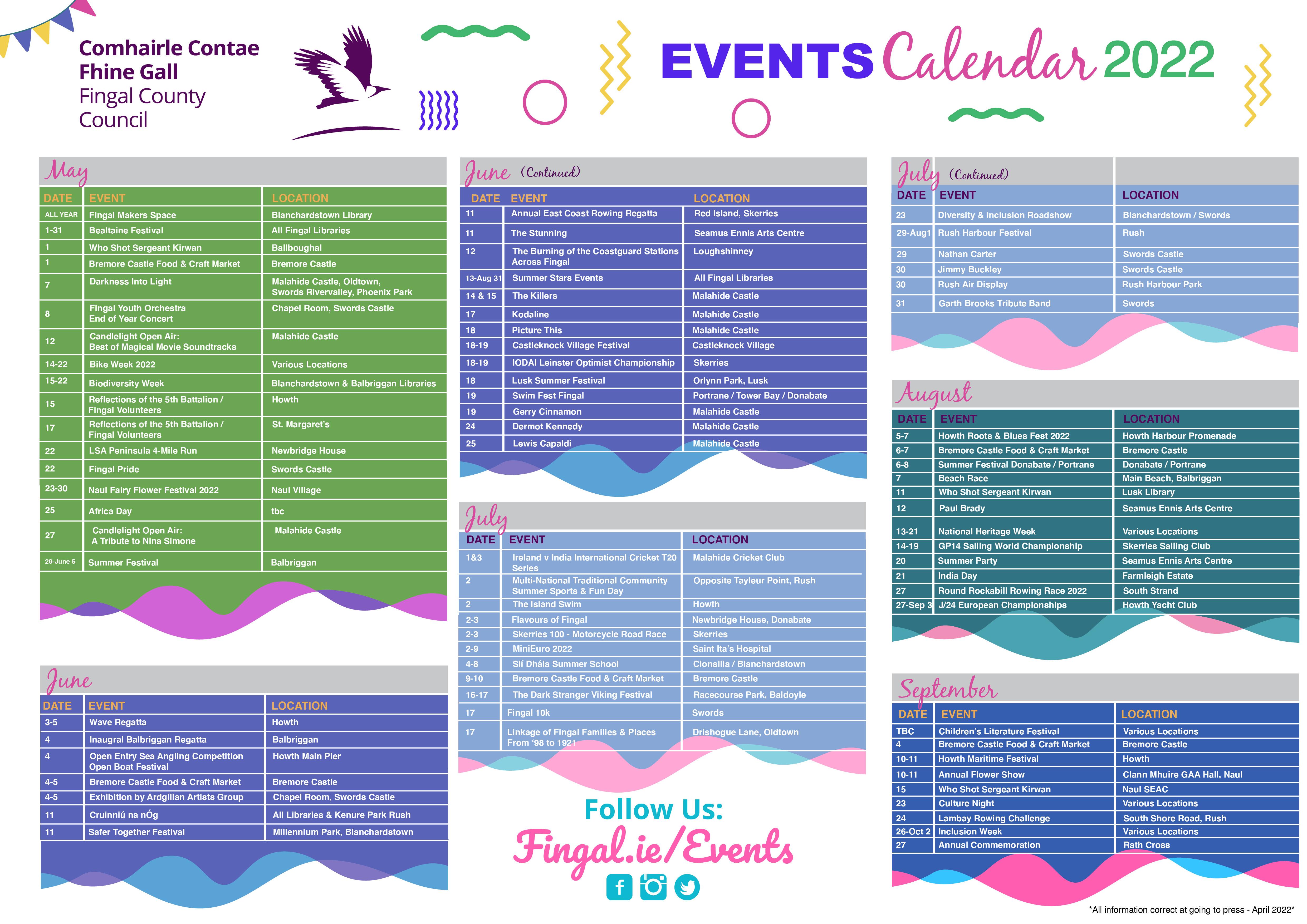 Fingal Events Calendar 2022 May-Sept