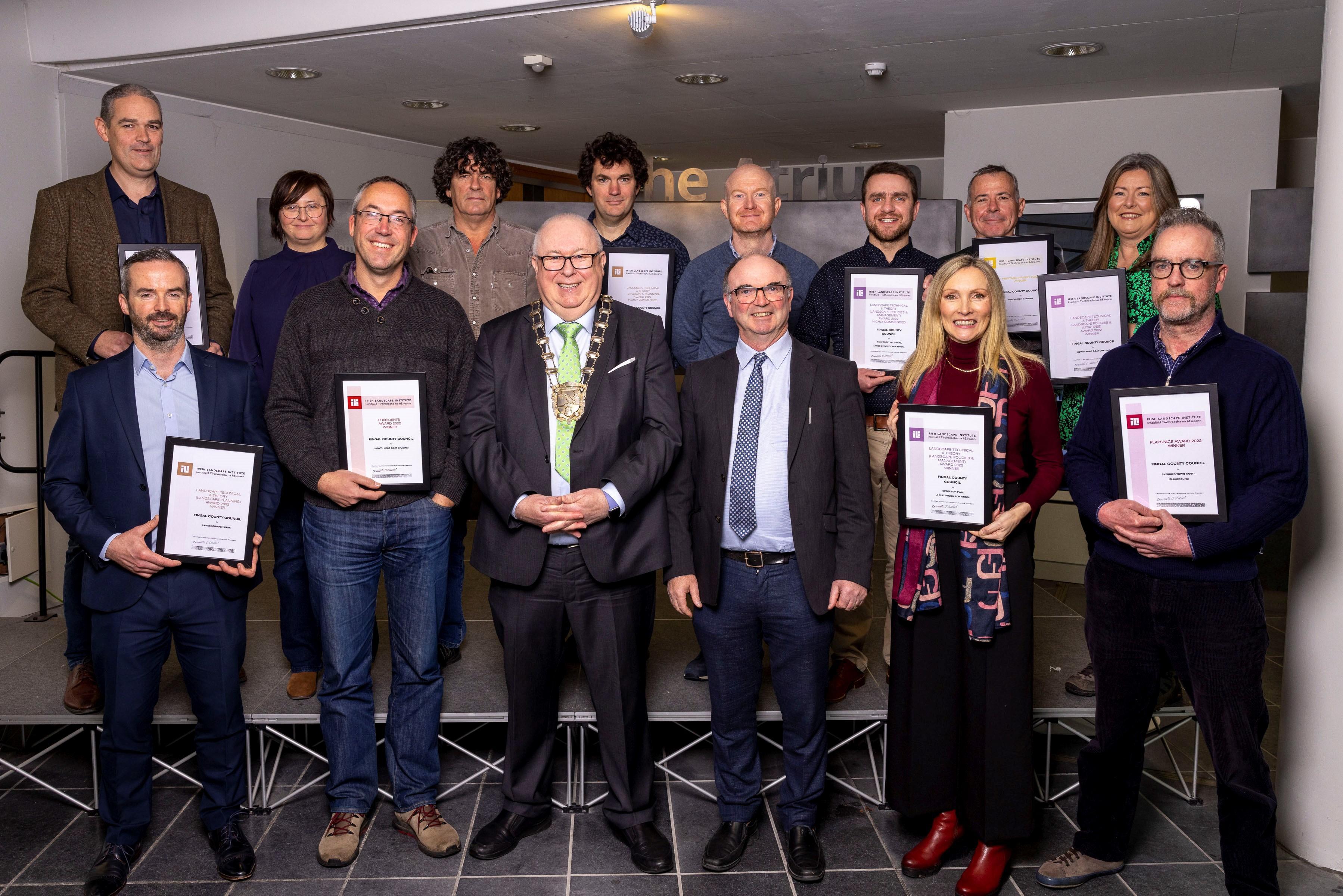 Mayor of Fingal Cllr Howard Mahony, alongside Kevin Halpenny, Senior Parks Superintendent, and Fingal County Council's Nine Award Winning Teams at the Irish Landscape Institute Awards.