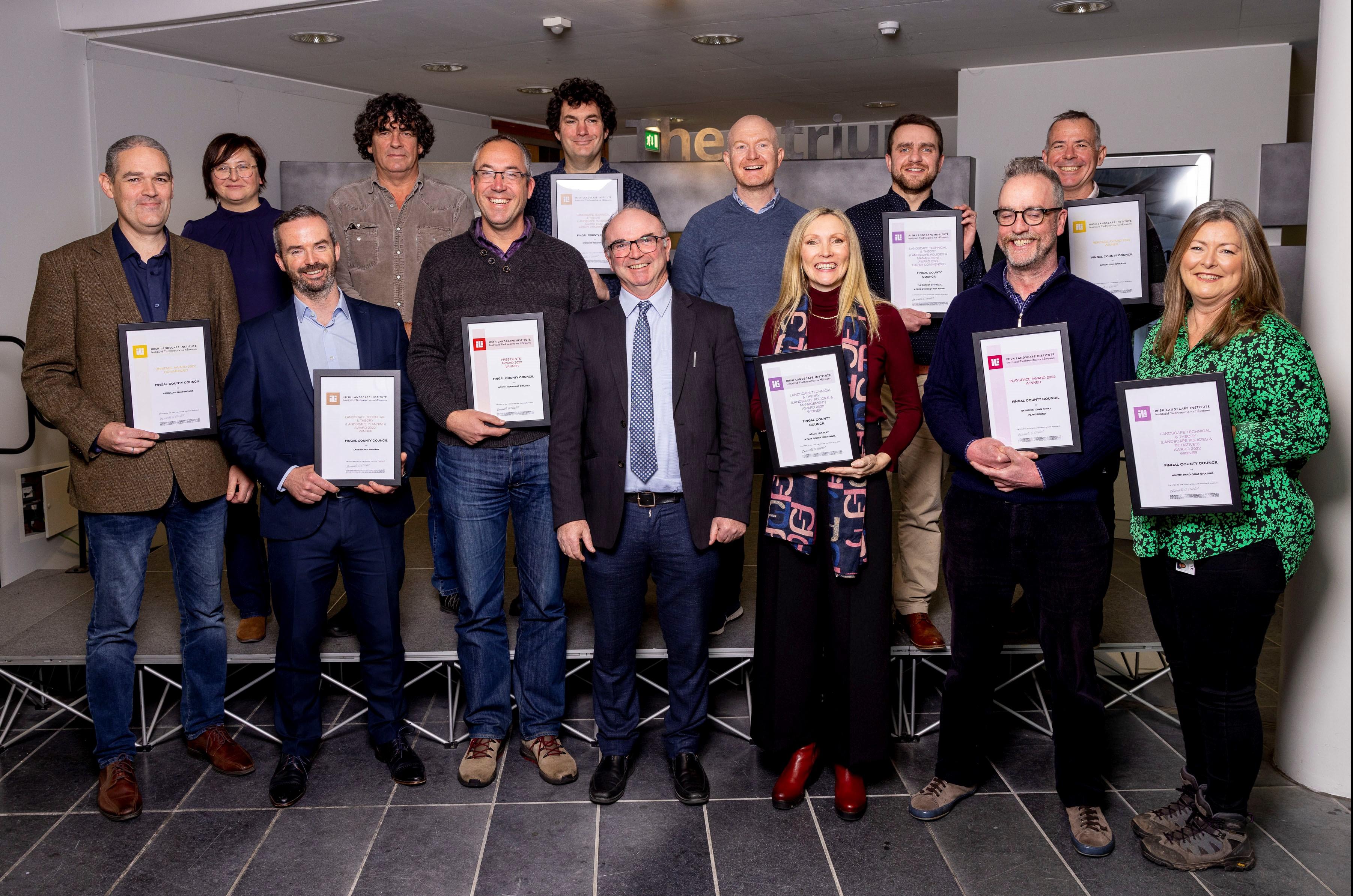 Kevin Halpenny, Senior Parks Superintendent, and Fingal County Council's Nine Award Winning Teams at the Irish Landscape Institute Awards.