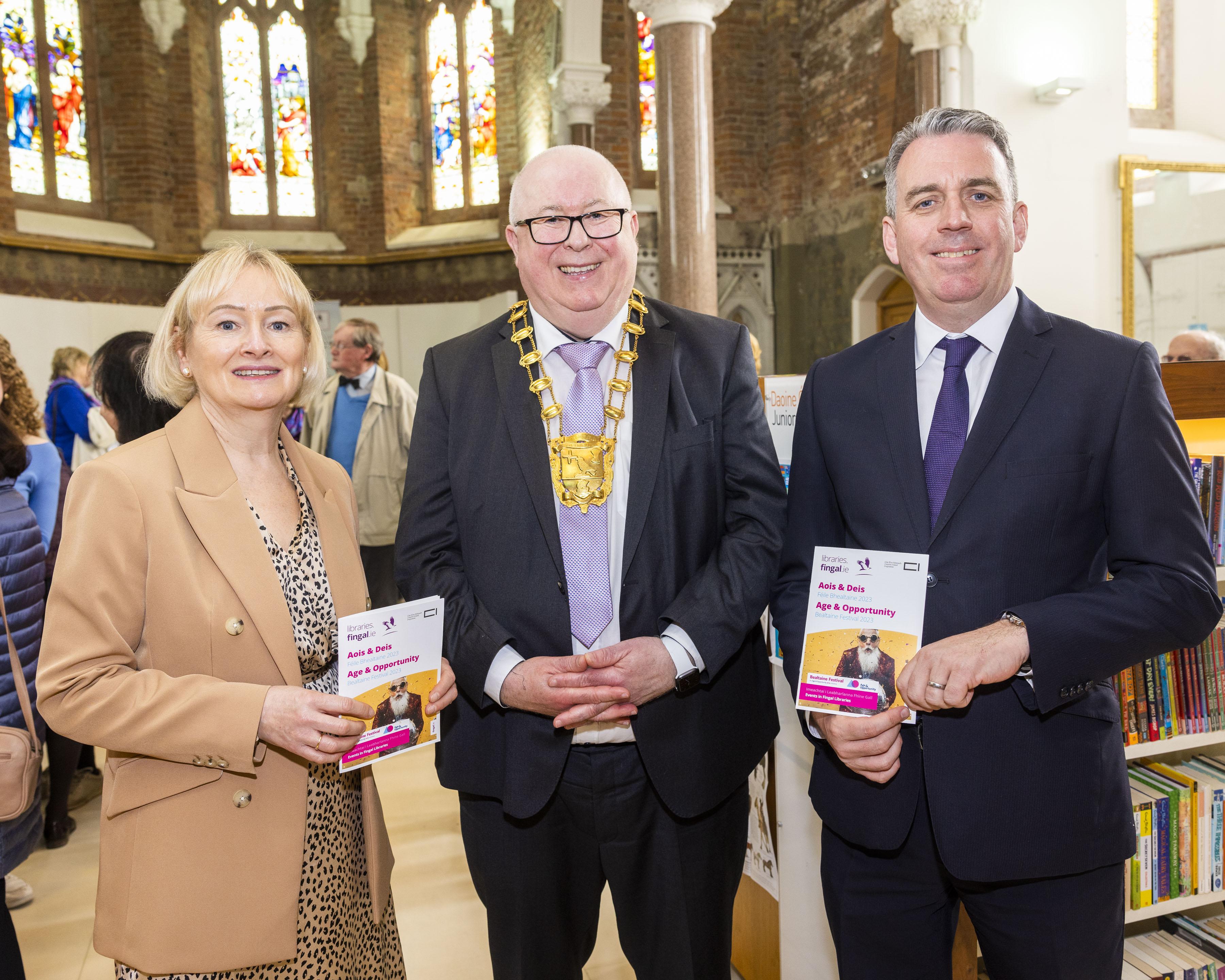 Mayor of Fingal, Cllr Howard Mahony, Director of Services Libraries Division, John Quinlivan County Librarian, Betty Boardman