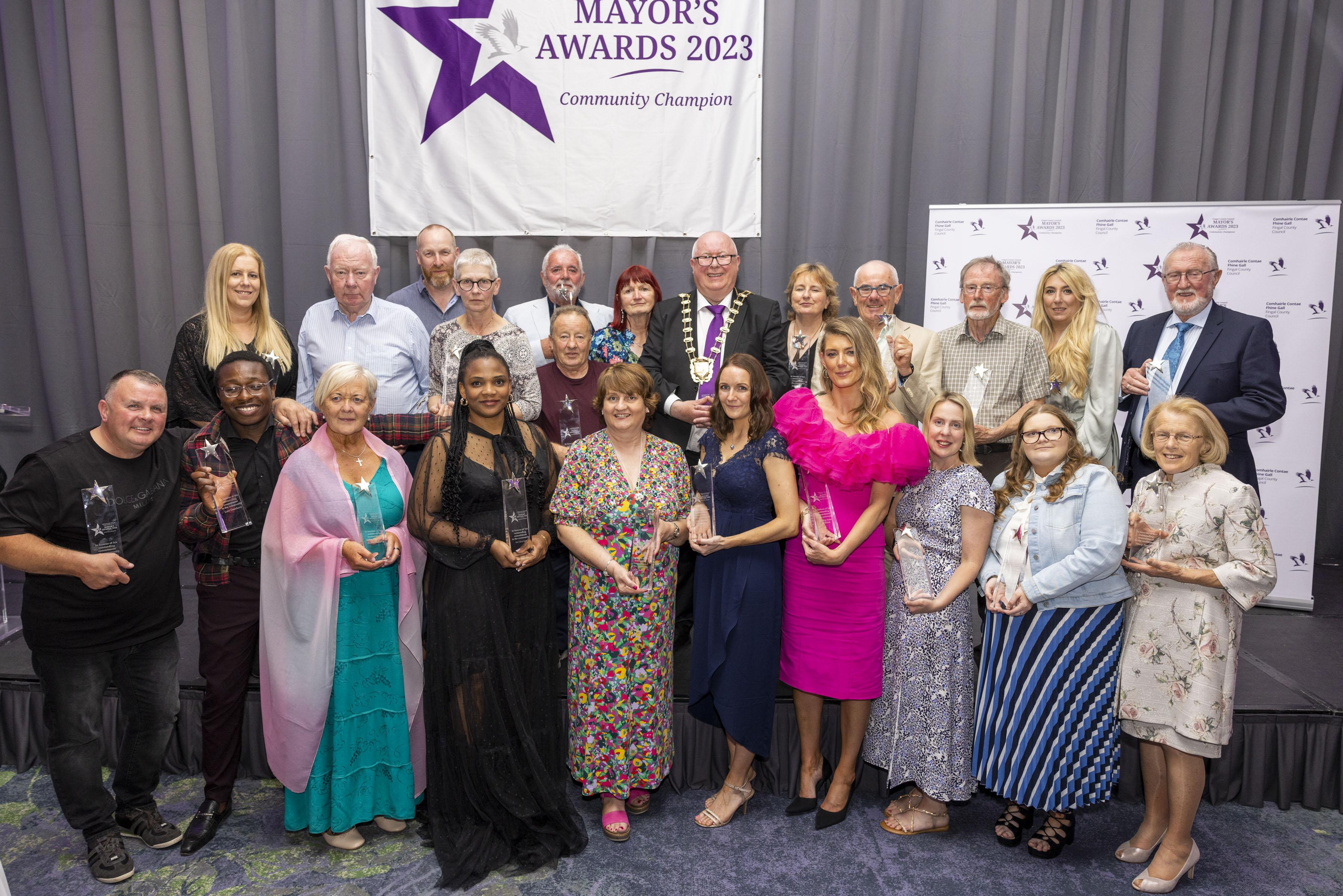 Mayor of Fingal, Cllr Howard Mahony with the winners of the at the Fingal County Council Mayor's Awards 2023, for  Community Champions, at the Crowne Plaza Hotel, Blanchardstown, Dublin 15.