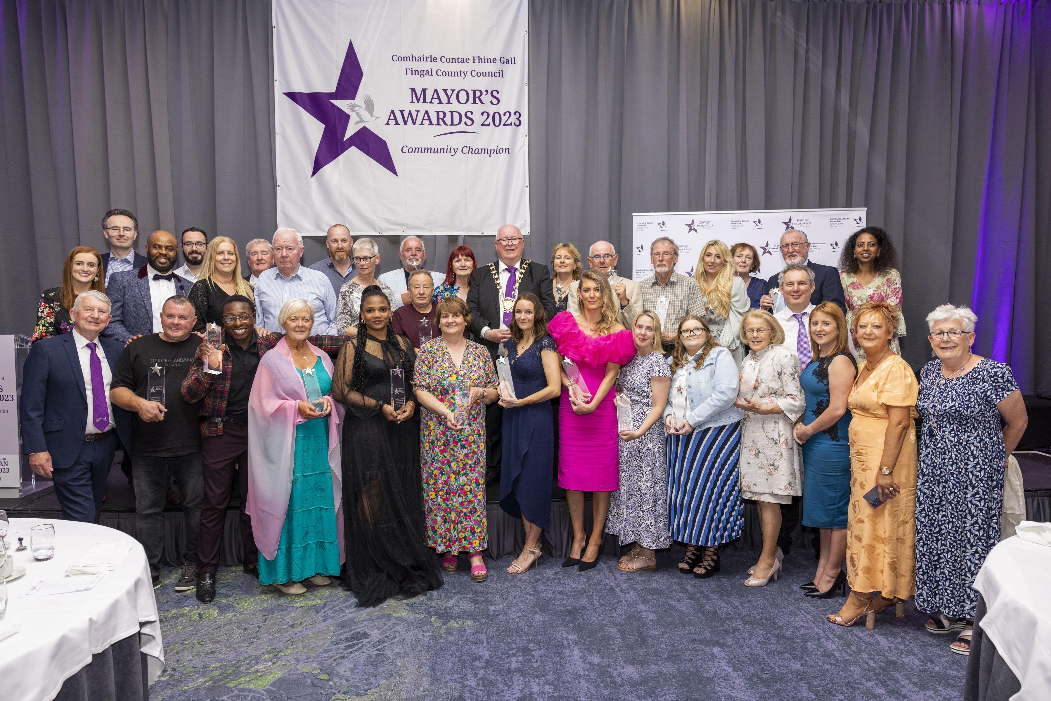 Mayor of Fingal, Cllr Howard Mahony and fellow Councillors, with the winners of the at the Fingal County Council Mayor's Awards 2023,  for Community Champions, at the Crowne Plaza Hotel, Blanchardstown, Dublin 15.