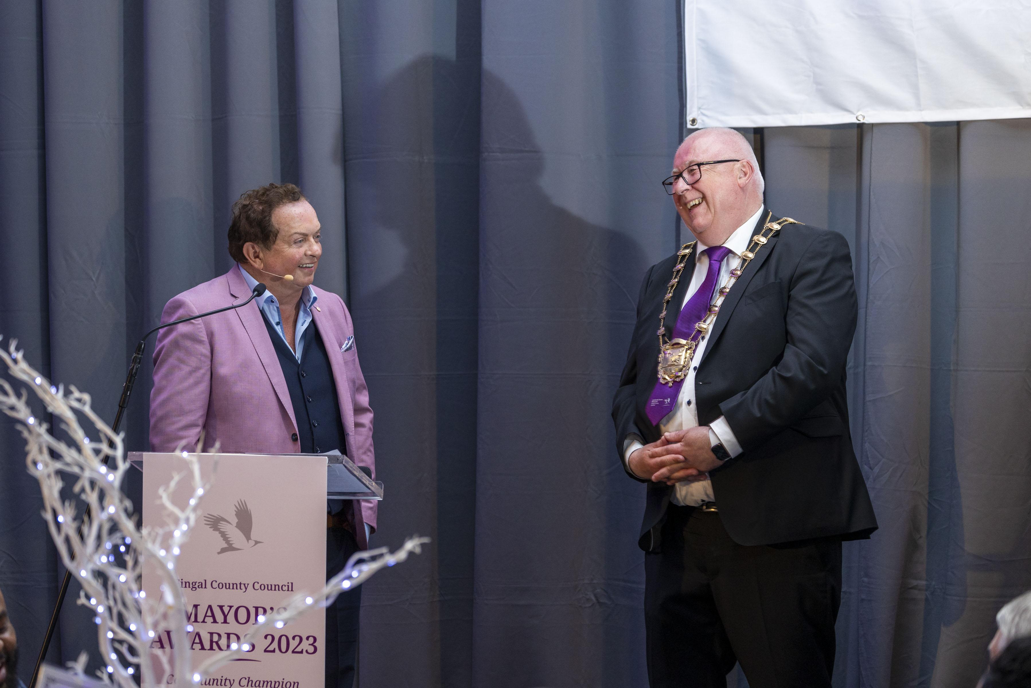 : Mayor of Fingal Cllr Howard Mahony, with Marty Morrissey at the Fingal County Council Mayors Awards 2023, for Community Champions, at the Crowne Plaza Hotel in Blanchardstown, Dublin 15