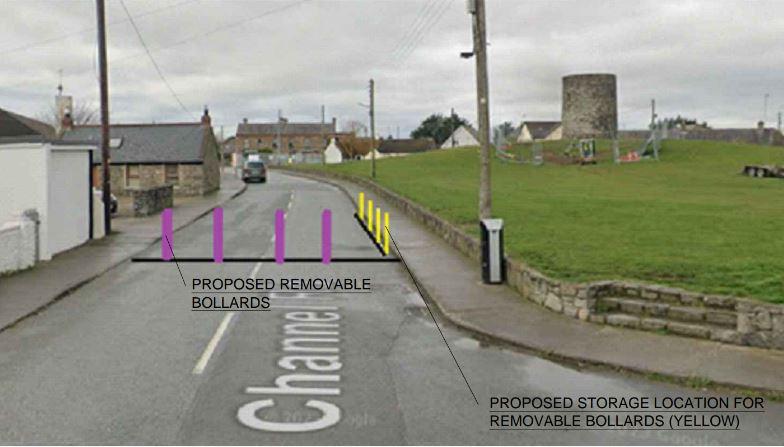 A graphic showing temporary bollards across Channel Road Rush at national school