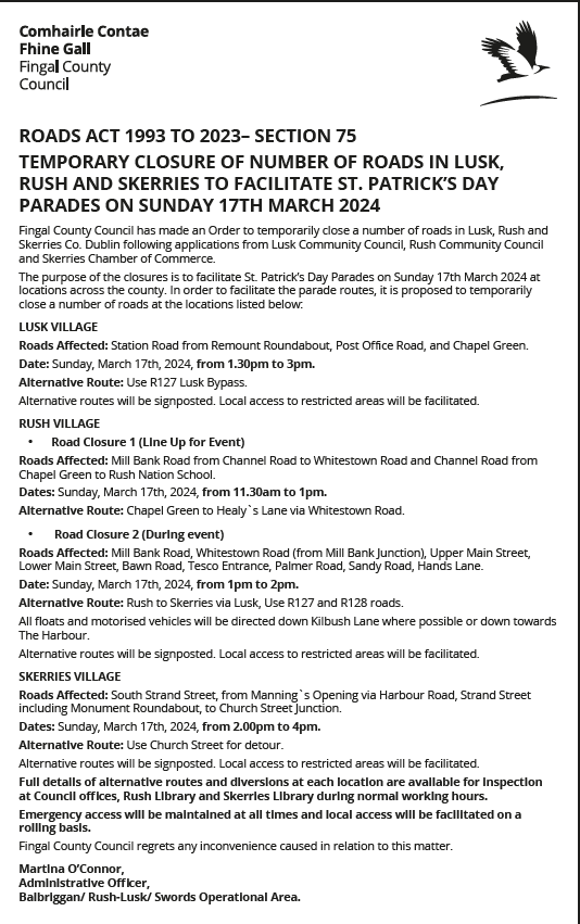 St Patricks day 24 road closures rush lusk skerries