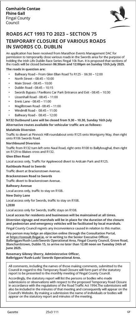 Road Closure Fingal 10k Advert 2025