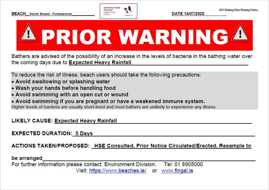 A prior warning notice for Portmarnock beach advises people of expected heavy rainfall and a potential for short-term pollution to bathing waters