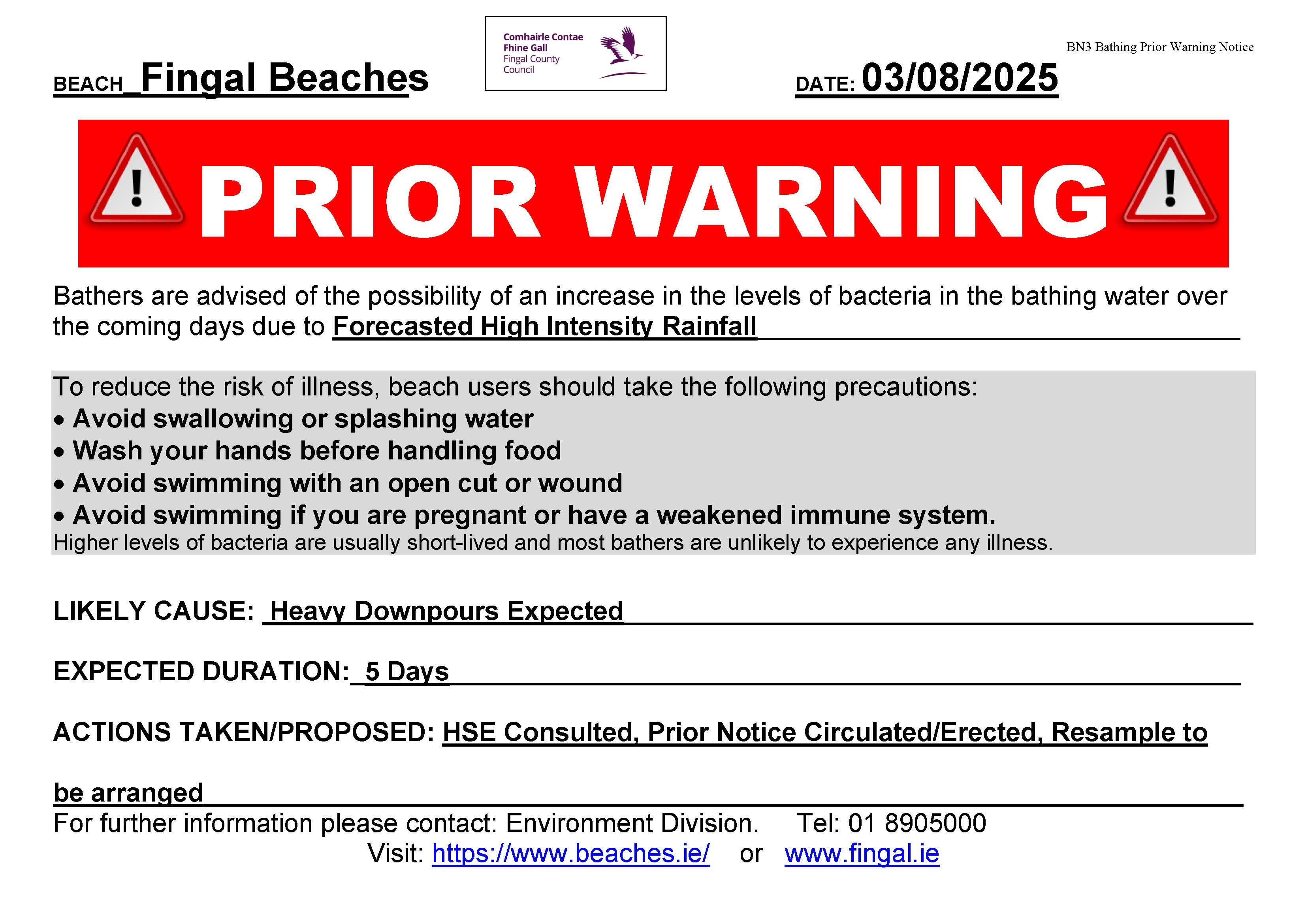Prior warning notice 3 August 2025