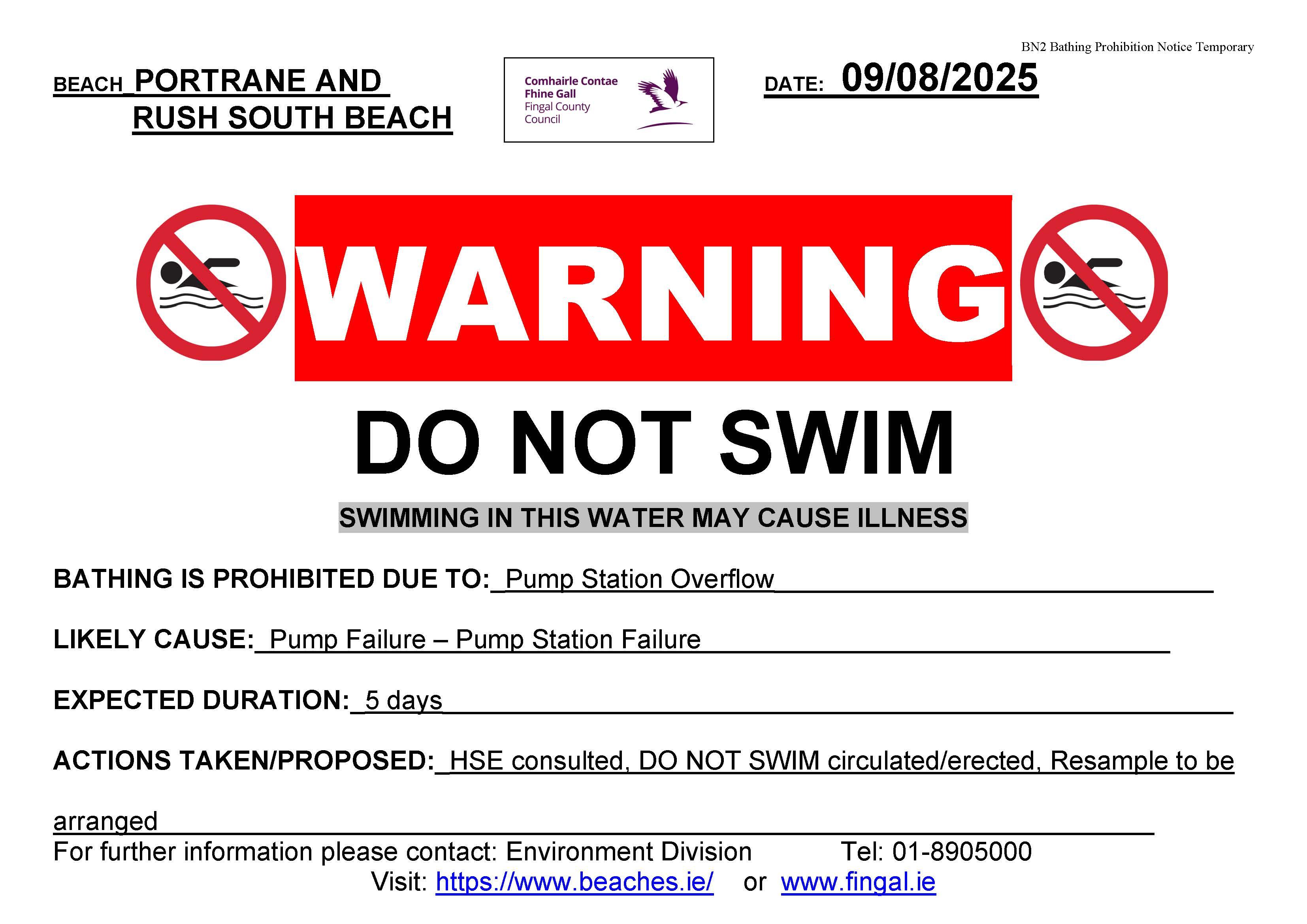  “Do Not Swim” signs at Rush South and Portrane beaches.