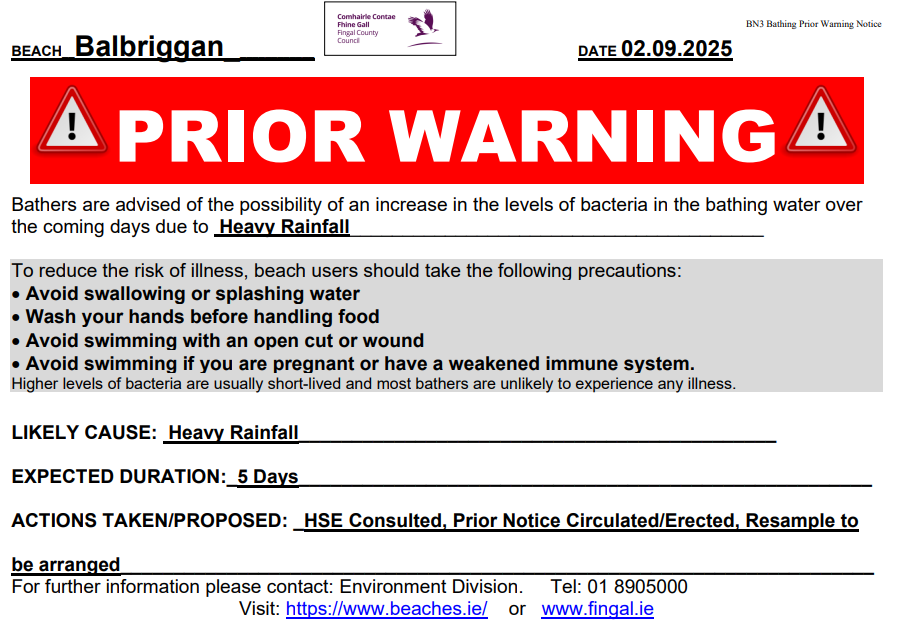 Balbriggan Prior Warning Notice 3rd Sept
